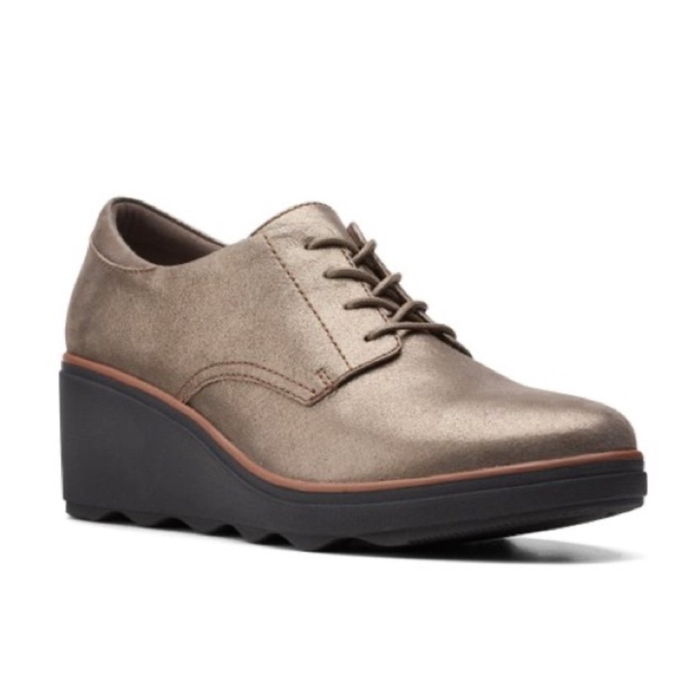 Clarks Mazy Hyannis Wedge Oxford Womens 12  Metallic Pewter